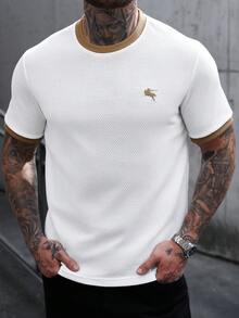 Manfinity CasualCool Men's Contrast Color Embroidered Logo Pullover T-Shirt, Suitable For Home, Outing And Gatherings - White - View 1