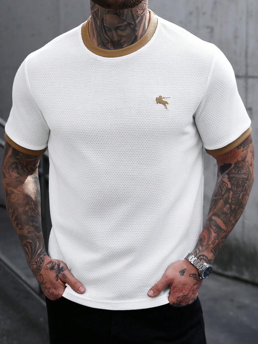 Manfinity CasualCool Áo thun nam kiểu dáng chui đầu, phối màu tương phản, thêu logo, thích hợp mặc ở nhà, đi chơi và tụ họp. - trắng - Xem 1