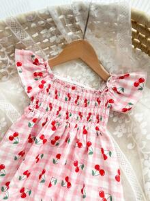 女婴可爱休闲粉色格子樱桃图案背带裙 - 粉色 - 查看 4