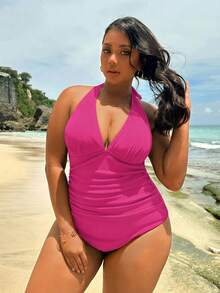 Swim Lushoire Bộ bikini hai mảnh cỡ lớn dành cho nữ mùa hè 2026, kiểu dáng ôm sát, có đệm mút định hình, có gọng, có thể tháo rời, quần bikini tách rời, bộ đồ bơi một mảnh cạp cao, váy bơi định hình bụng, bộ bikini hai mảnh tankini màu đỏ hồng, bộ bikini hai mảnh vải dệt 3D định hình. - Màu Hồng Tươi - Xem 3