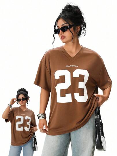 Solavibe 大码女式数字印花V领落肩短袖T恤