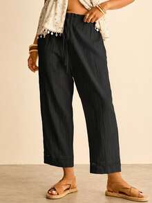 Freevana Plus Size Women's Solid Color Waist Tie Straight Leg Casual Pants - Black - View 1
