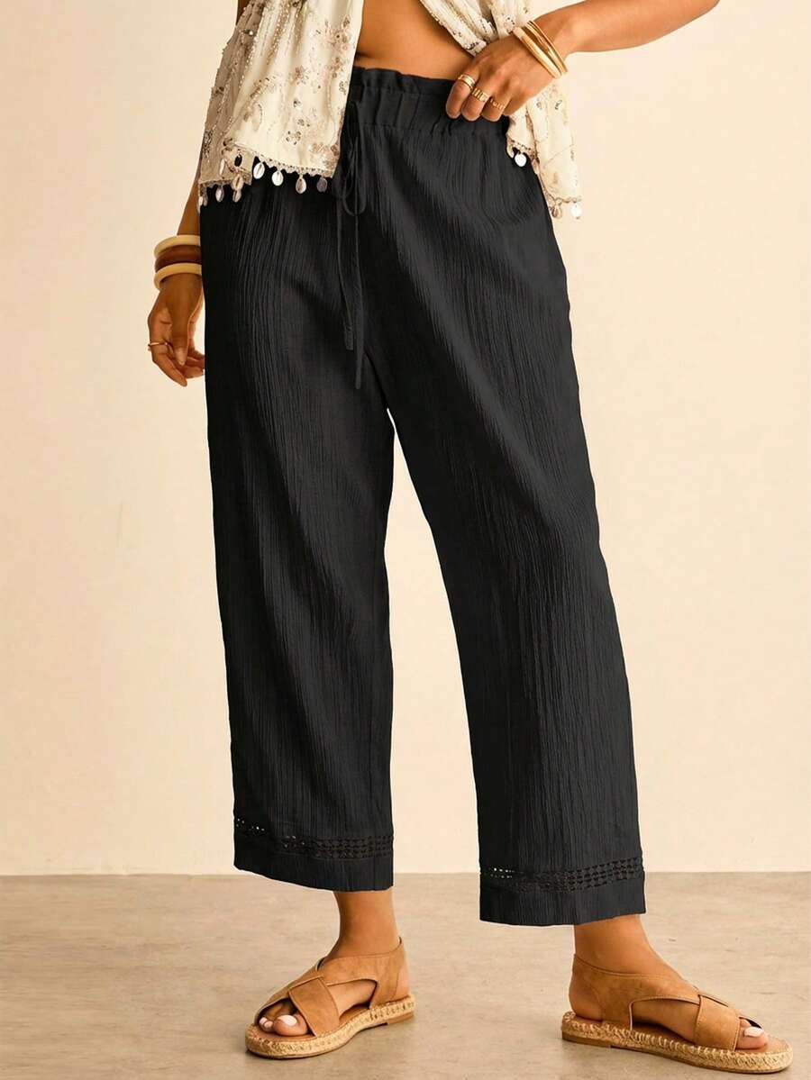 Freevana Plus Size Women's Solid Color Waist Tie Straight Leg Casual Pants - Black - View 1