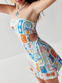 Soleia Vacation Island Elements Hollow Out Drawstring Waist Fitted Tube Dress, Suitable For Holiday, Date, Valentine's Day, Afternoon Tea, Spring/Summer - Multicolor - View 7