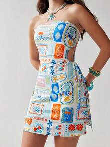 Soleia Vacation Island Elements Hollow Out Drawstring Waist Fitted Tube Dress, Suitable For Holiday, Date, Valentine's Day, Afternoon Tea, Spring/Summer - Multicolor - View 8