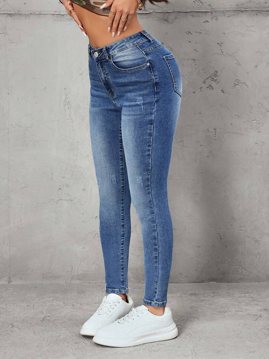 SHEIN Tall Vintage Retro Slim Fit High-Rise Skinny Jeans For Tall Women - Medium Wash - View 1