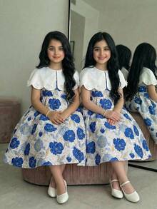 SHEIN Đầm midi cổ bẻ thanh lịch dành cho bé gái tuổi teen với họa tiết hoa 3D. - Màu xanh lam - Xem 1