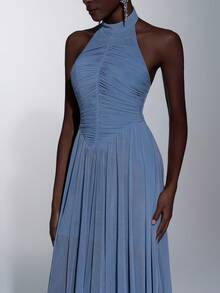 Elitara 极简褶皱无肩带A字裙摆连衣裙，拉链闭合，适合作为晚礼服、派对礼服，轻盈网纱连衣裙 - 藍色 - 查看 4