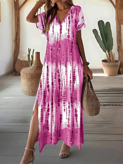EMERY ROSE Summer New Casual Women's V-Neck Short Sleeve Loose Tie-Dye Print Split Dress