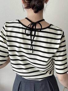 FRIFUL Women's Casual Striped Loose Fit T-Shirt, Versatile For Spring And Summer - Black and White - View 5