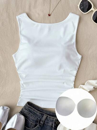 SHEIN Teen Girls' White Sleeveless Cropped Tank Top With Chest Pads And Waist Ruching, Versatile Backless Design, Spring/Summer White Tank Top For Girls White Top For Teens White Tank Top For Girls White Tank Top Teen Tween Girl Clothes Body Suit White