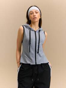 Hanevo Women's Mesh Stitching Casual Sleeveless Open Front Hooded Sweatshirt - Grey - View 2