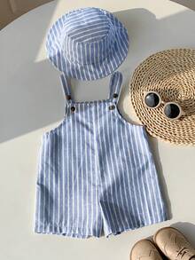 SHEIN Bộ 2 món gồm quần yếm và mũ cho bé trai/bé gái, màu xanh dương và trắng kẻ sọc, kiểu quần short và mũ ngư dân, thích hợp mặc ở nhà, đi chơi hoặc đi biển. - Nhiều màu - Xem 5