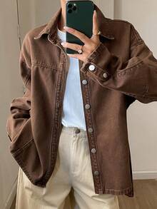 DAZY Women's Turndown Collar Washed Denim Casual Jacket With Belt, Loose Fit City Style - Coffee Brown - View 8
