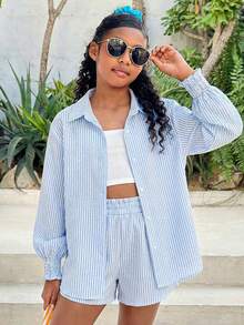 SHEIN Tween Girls Casual Everyday Polo Collar Textured Blue & White Striped Shirt + Shorts 2 Pieces Set - Blue and White - View 1