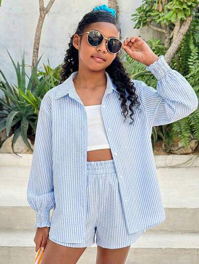 SHEIN Tween Girls Casual Everyday Polo Collar Textured Blue & White Striped Shirt + Shorts 2 Pieces Set