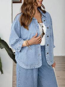 EMERY ROSE Áo khoác denim nữ cỡ lớn, kiểu dáng thường ngày, cài khuy đơn, có túi, tay lửng 3/4. - Rửa nhẹ - Xem 5