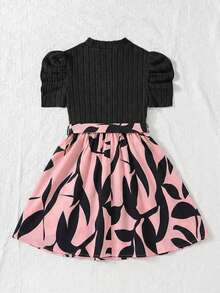 SHEIN Đầm ngắn tay phồng cổ tròn họa tiết hoa phối hợp cho bé gái tuổi teen - màu đen - Xem 2