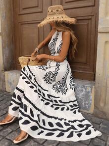 Brillora Women's Summer Boho Vacation Holiday Dress,White And Black Print Layered Hem Elegant Wedding Guest Floral Dresses,Casual Beach Luxury Evening Outfit - Black and White - View 6
