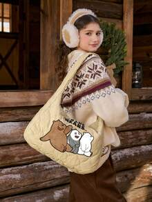 We Bare Bears X SHEIN 女士单肩包，卡通图案，绗缝设计，时尚百搭，个性设计，简约百搭，街头风，甜美酷女孩，性感女孩，大容量，可爱 - 卡其色 - 查看 8