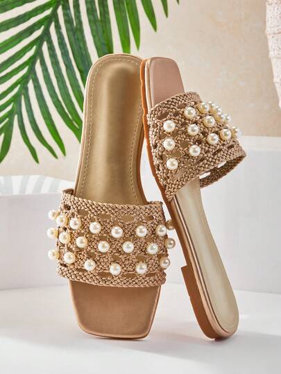 SHUZIA Women's Minimalist Comfortable Pearl Decor Crochet Flat Sandals