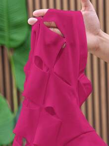 Slaydiva 大码不对称肩部刺绣花卉优雅轻盈两件套，居家办公两件套，镂空细节，女士职业装，工作服 - 玫紅色 - 查看 5