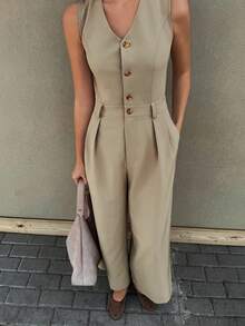 Livesso Sleeveless V-Neck Solid Color Jumpsuit, Elegant Office Wear For Spring Romper - Khaki - View 4