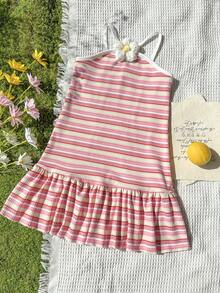 SHEIN Vintaside Kids Đầm hai dây hở lưng kẻ sọc cầu vồng thời trang ngọt ngào cho bé gái, trang phục dễ thương cho kỳ nghỉ hè. - Nhiều màu - Xem 3