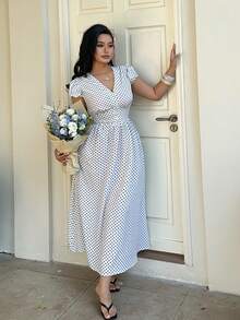 Sunnyshic 大码优雅波点印花收腰连衣裙，夏季 - 黑與白 - 查看 5