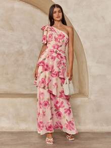 Enchnt Đầm nữ không tay in hoa, thắt nơ phía trước, xếp ly ở gấu, thanh lịch cho kỳ nghỉ. - Hồng - Xem 6