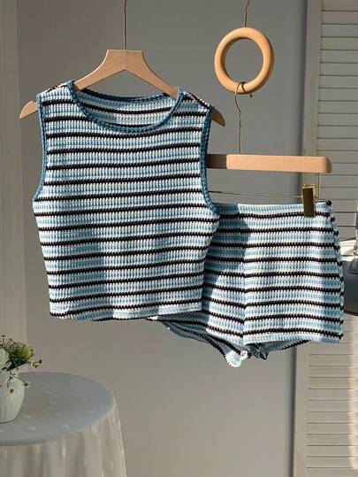 Comfortcana 2pcs/Set Summer  Blue Casual Striped Tank Top And Shorts Comfortable Vacition Set 2026 New Arrival Spring/Summer Fashionable  Summer Outfits For Women  Beach Outfit Going Out Vacation Outfits Women Casual Two-Piece For Women Y2K  2000s Style   Summer Outfits For Women Spring Spring Break Outfits  Spring Clothes Women  Vacation Graduation Dress Women  Wedding   Party  Ceremony  Elegant  Vacation Outfits Women Beach Vacation Outfits For Women  Casual Casual Women's Bottoms  For Women , Valentine's Day, Carnival, Beach, Holiday, Home Leisure, Street, College, American Vintage Casual Striped Two Piece Set Women Summer 2 Pieces Sets 2 Piece Short Sets Woman Striped Shorts Set Two Piece Short Set