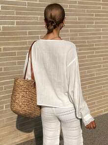 Livesso Áo kiểu nữ màu trắng dáng rộng, phối ren và cotton, phong cách thường ngày. - trắng - Xem 2