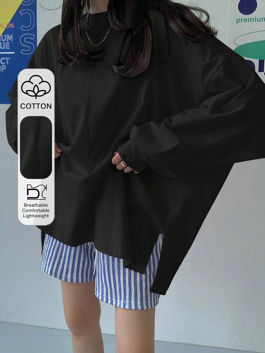 DAZY Women's Solid Color Oversized Long Sleeve T-Shirt, Suitable For Spring, Summer, Autumn - Black - View 1