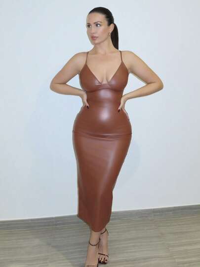 MDEdit 1 件女式纯色 PU 紧身中长款细肩带深 V 领连衣裙，适合日常和派对穿着，秋冬季