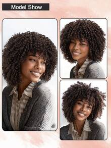 Density Pro Brown Afro Curly Bob Wig With Bangs Human Hair Short Bouncy Coil Curl Bob Bang Wig Wear And Go 12 Inch Afro Coli Curl Wig 200% Density Glueless Non Lace Machine Made Wig Small Tight Curl Soft Brazilian Remy Hair - S4 - View 2