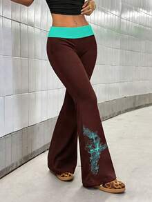 StreetHx 女士休闲时尚街头度假风撞色低腰交叉印花喇叭裤 - 彩色 - 查看 3