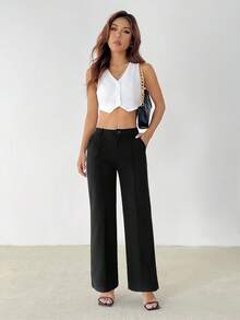 SHEIN PETITE Women's Casual Commuting Solid Straight Pants - Black - View 4