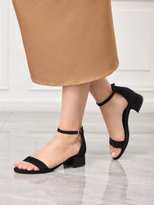 Sleekvia 女士夏季新款圆头粗跟低跟黑色踝带凉鞋，时尚通勤简约百搭，情人节特惠。 - 耀夜黑 - 查看 3