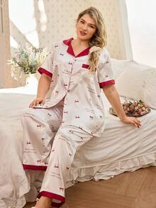 CottageSlumber Conjunto de pijama de seda sintética con estampado de moño y contraste de color en talla grande - Multicolor - Ver 3