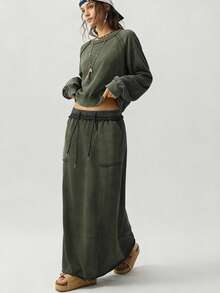 Bohemela 2件套 女士休闲纯色针织圆领长袖宽松卫衣 & 宽松版型半身裙 - 軍綠色 - 查看 7