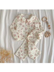 Loomiva 女婴碎花印花翻领长袖开衫和松紧腰裤两件套 - 粉色 - 查看 7