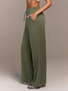 Menodora SHEIN Sport Women's Solid Color Drawstring Waist Pockets Wide Leg Loose Casual Sweatpants - Army Green - View 7
