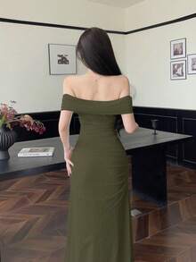 NOVVYNE 女士单肩褶皱腰身优雅婚纱/礼服 - 軍綠色 - 查看 2