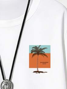 Manfinity RSRT Áo thun nam tay ngắn cổ tròn màu trắng với họa tiết cây cọ tương phản và dòng chữ "Summer 2026", áo thun mùa hè mang đậm phong cách biển cả và đảo, kiểu dáng thường ngày. - trắng - Xem 4