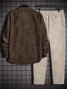 EASEVO Plus Size Men's Solid Color Front Button Corduroy Casual Shirt Set, Autumn - Multicolor - View 2