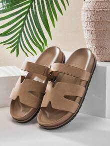 SHUZIA Faux Leather Cutout Design Taupe Pu Detailing Slip On Sandals - Beige - View 7