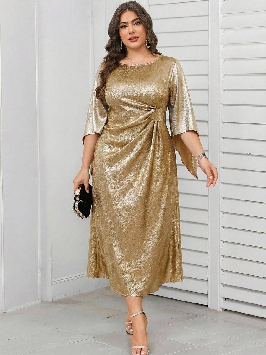 Reflora 大码优雅派对金属拼接连衣裙 - 金色 - 查看 1