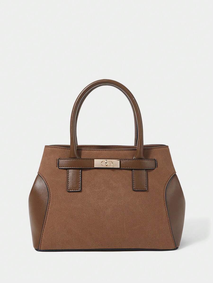 SHECARRY Women's Fashion Splicing Material Handbag, Suitable For Daily Commuting And Shopping - Brown - View 1