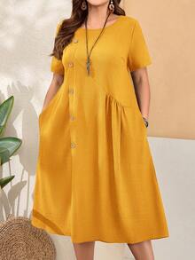 EMERY ROSE Plus Size Women's Loose Fit Buttoned Round Neck Mustard Yellow Dress,Summer Boho Vacation Short Sleeve Pocket Curve Dress With Side Slits - Yellow - View 1
