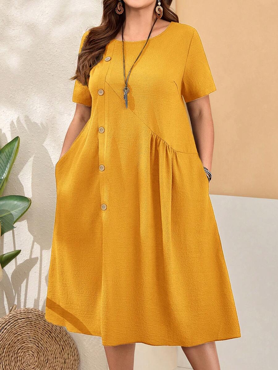 EMERY ROSE Plus Size Women's Loose Fit Buttoned Round Neck Mustard Yellow Dress,Summer Boho Vacation Short Sleeve Pocket Curve Dress With Side Slits - Yellow - View 1